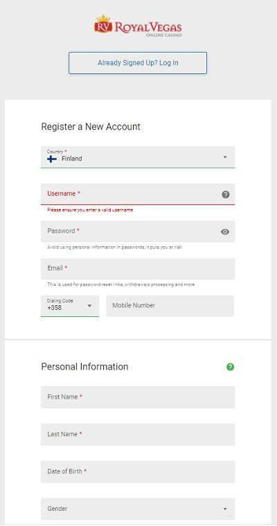 Registre de RoyalVegas